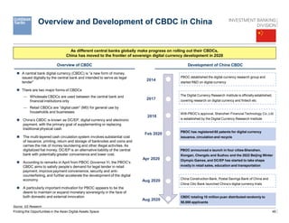 45
Overview and Development of CBDC in China
Source: GS Research
Finding the Opportunities in the Asian Digital Assets Space
2014
PBOC established the digital currency research group and
started R&D on digital currency
2017
The Digital Currency Research Institute is officially established,
covering research on digital currency and fintech etc
2018
With PBOC’s approval, Shenzhen Financial Technology Co.,Ltd
is established by the Digital Currency Research Institute
Feb 2020 PBOC has registered 65 patents for digital currency
issuance, circulation and recycle
Apr 2020
PBOC announced a launch in four cities-Shenzhen,
Xiongan, Chengdu and Suzhou and the 2022 Beijing Winter
Olympic Games, and DC/EP has started to take shape
mostly in retail sales, education and transportation
Aug 2020
China Construction Bank, Postal Savings Bank of China and
China Citic Bank launched China’s digital currency trials
Aug 2020
CBDC totaling 10 million yuan distributed randomly to
50,000 applicants
As different central banks globally make progress on rolling out their CBDCs,
China has moved to the frontier of sovereign digital currency development in 2020
Overview of CBDC
 A central bank digital currency (CBDC) is “a new form of money,
issued digitally by the central bank and intended to serve as legal
tender”
 There are two major forms of CBDCs
— Wholesale CBDCs are used between the central bank and
financial institutions only
— Retail CBDCs are “digital cash” (M0) for general use by
households and businesses
 China’s CBDC is known as DC/EP, digital currency and electronic
payment, with the primary goal of supplementing or replacing
traditional physical cash
 The multi-layered cash circulation system involves substantial cost
of issuance, printing, return and storage of banknotes and coins and
carries the risk of money laundering and other illegal activities. As
digitalized fiat money, DC/EP is an alternative liability of the central
bank with potentially greater convenience and lower cost.
 According to remarks in April from PBOC Governor Yi, the PBOC’s
CBDC aims to satisfy people’s demand for legal tender in retail
payment, improve payment convenience, security and anti-
counterfeiting, and further accelerate the development of the digital
economy
 A particularly important motivation for PBOC appears to be the
desire to maintain or expand monetary sovereignty in the face of
both domestic and external innovation
Development of China CBDC
 