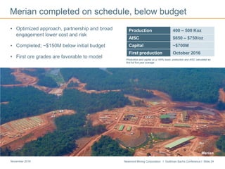 Newmont Mining Corporation I Goldman Sachs Conference I Slide 24November 2016
Merian completed on schedule, below budget
• Optimized approach, partnership and broad
engagement lower cost and risk
• Completed; ~$150M below initial budget
• First ore grades are favorable to model Production and capital on a 100% basis; production and AISC calculated as
first full five year average
Production 400 – 500 Koz
AISC $650 – $750/oz
Capital ~$700M
First production October 2016
Merian
 