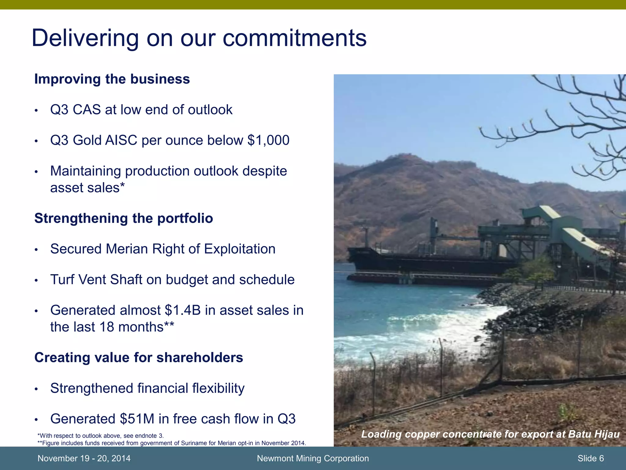 Delivering on our commitments 
Improving the business 
• Q3 CAS at low end of outlook 
• Q3 Gold AISC per ounce below $1,000 
• Maintaining production outlook despite 
asset sales* 
Strengthening the portfolio 
• Secured Merian Right of Exploitation 
• Turf Vent Shaft on budget and schedule 
• Generated almost $1.4B in asset sales in 
the last 18 months** 
Creating value for shareholders 
• Strengthened financial flexibility 
• Generated $51M in free cash flow in Q3 
Loading copper concentrate for export at Batu Hijau 
*With respect to outlook above, see endnote 3. 
**Figure includes funds received from government of Suriname for Merian opt-in in November 2014. 
November 19 - 20, 2014 Newmont Mining Corporation Slide 6 
 