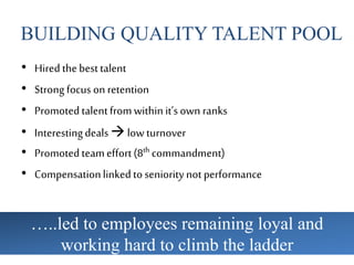 BUILDING QUALITY TALENT POOL
• Hiredthebesttalent
• Strong focus onretention
• Promotedtalentfromwithin it’sown ranks
• Interestingdealslowturnover
• Promotedteameffort(8th commandment)
• Compensationlinkedtosenioritynot performance
…..led to employees remaining loyal and
working hard to climb the ladder
 