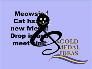 www.goldmedalideas.com Try them on at our booth near the food tables Beautiful and Practical Casual Costumes S – 4X  LOTS OF COLORS Meowsic Cat has a new friend! Drop in and meet him! 