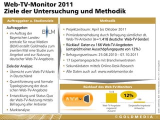 Web-TV-Monitor 2011
Ziele der Untersuchung und Methodik
Auftraggeber u. Studienziele                            Methodik

Auftraggeber:                     Projektzeitraum: April bis Oktober 2011
 im Auftrag der                  Primärdatenerhebung durch Befragung sämtlicher dt.
  Bayerischen Landes-              Web-TV-Anbieter (n=1.418 deutsche Web-TV-Sender)
  zentrale für neue Medien
  (BLM) erstellt Goldmedia zum    Rücklauf: Daten zu 166 Web-TV-Angeboten
  zweiten Mal eine Studie zum      (entspricht einer Ausschöpfungsquote von 12% )
  Angebot und zur Nutzung         Befragungszeitraum: 25.08.2010 – 07.10.2011
  deutscher Web-TV-Angebote.      17 Expertengespräche mit Branchenvertretern




                                                                                                          Quelle: Goldmedia, BLM Web-TV-Monitor 2011, N=1.418 Angebote
Ziele der Analyse:                Sekundärdaten mittels Online-Desk-Research
 Übersicht zum Web-TV-Markt      Alle Daten auch auf: www.webtvmonitor.de
  in Deutschland
 Quantifizierung und formale
  Typologisierung der deut-                   Rücklauf des Web-TV-Monitors
  schen Web-TV-Angebote                                        1418
 Entwicklung und Status Quo                                                12%
  der Web-TV-Nutzung mittels                                                          166

  Befragung aller Anbieter                                Web-TV-Angebote    Dargestellte Angebote/
                                                            insgesamt/            Antworten
 Marktanalyse                                               Aussand

                                                                                                      4
 