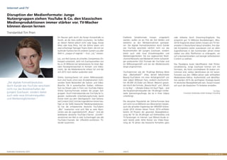 Goldmedia Trendmonitor 2015 Seite 8 Seite 9
oder teilweise durch Streaming-Angebote. Das
entspricht gut 13 Millionen Bundesbürgern. (Nov.
2014) Angesichts dieser Zahlen müssen sich TV-Ver-
anstalter in Deutschland darauf einstellen, ihre digi-
tale Kompetenz weiter auszubauen und vor allem
Jugendformate in den kommenden Jahren immer
stärker von alten Plattformen zu entkoppeln, um
sich unkonventionellem und weniger ästhetisiertem
Content zu widmen.
Das Paradigma lautet Identifikation statt Profes-
sionalisierung. Junge Zuschauer können sich mit
Formaten, die ihrem unmittelbaren (Er-)Leben ent-
nommen sind, stärker identifizieren als mit Serien-
formaten aus den 1980er-Jahren oder artifiziellem
Moderatoren-Pathos. Authentizität und Identifika-
tion werden 2015 die wichtigsten Strategie-Säulen
im deutschen Bewegtbildmarkt sein. Darauf müssen
sich auch die klassischen TV-Anbieter einstellen.
Tim Prien
Consultant Goldmedia GmbH Strategy Consulting
Etablierte Sendeformate müssen umgedacht
werden, wollen sie am Puls der Zeit bleiben und
weiterhin an den Werbeeinnahmen partizipie-
ren. Die digitale Format(r)evolution durch Kanäle
wie YouTube verschiebt nämlich nicht nur das
Nutzerverhalten der (jungen) Zuschauer, sondern
bietet auch viele neue Einnahmequellen und
Werbemöglichkeiten. Die von sogenannten Multi-
channel-Networks wie Mediakraft immer aufwendi-
ger produzierten UGC-Formate der YouTuber sind
ein Millionengeschäft und von der Werbeindustrie
längst angenommen.
YouTuberinnen wie die 19-jährige Bethany Mota
alias „Macbarbie07“ etwa, derzeit bekannteste
Beauty-YouTuberin mit einer Anhängerschaft von
über sieben Millionen Fans, verdient durchschnitt-
lich 40.000 US-Dollar pro Monat. Bekannt gewor-
den durch die Formate „Beauty Hauls“ und „What’s
in my Bag“ – Lifestyle-Videos mit Kauf-Tipps – sind
die Haupteinnahmequellen der 19-Jährigen mittler-
weile Sponsoringaufträge, die sie in ihren Videos
unterbringt.
Die disruptive Popularität der Online-Formate lässt
sich nicht nur an Millionen von Abonnenten messen,
auch die aktuellen Ergebnisse der ARD/ZDF-Online-
studie 2014 stützen diesen Trend: 2014 entfielen
bereits 20 Prozent der gesamten Bewegtbildnut-
zung der 19- bis 29-Jährigen auf Onlinevideos und
TV-Sendungen im Internet. Laut Bitkom-Studie er-
setzt bereits jeder dritte Nutzer von Video-Strea-
ming ab 14 Jahren das klassische Fernsehen ganz
Ein Raunen geht durch die Pariser Konzerthalle Le
Zenith, als die Stars endlich erscheinen. Sie heißen
an diesem Abend jedoch nicht Lady Gaga, Kanye
West oder Katy Perry. Auf der Bühne lassen sich
zwei schlacksige Teenager-Teams feiern, die sich vor
laufender Kamera live mit anderen Gamern aus aller
Welt in „League of Legends“ – kurz „LoL“ messen.
LoL, von Riot Games als schnelles, kompetitives On-
linespiel entwickelt, steht mit Zuschauerzahlen von
bis zu 32 Millionen bei Spitzenevents für einen digi-
talen Paradigmenwechsel im Fernseh- und Video-
markt, der die Medienbranche erfasst hat und der
sich 2015 noch stärker ausbreiten wird.
Online Gaming-Events mit einem Millionenpubli-
kum sind heute schon kein Einzelphänomen mehr,
sondern fester Bestandteil der Games- und Video-
Branche. Ob in ausverkauften Stadien, millionen-
fach via Stream oder in Form von YouTube-Videos:
Online Gaming-Formate erobern die jungen Ziel-
gruppen. Durch Internetportale wie YouTube & Co.
geraten traditionelle Unterhaltungsformate damit
immer mehr aus dem Gleichgewicht. User-Genera-
ted Content (UGC) tritt bei Jugendlichen immer häu-
figer an die Stelle klassischer Medienproduktionen.
So hat die erfolgreichste deutsche YouTuberin
„Bibi“ inzwischen rund acht Mal so viele Abon-
nenten wie die Jugendzeitschrift „Bravo“. Und der
beliebteste deutsche YouTube-Channel „Gronkh“
verzeichnet vier Mal so viele Suchanfragen wie alle
YouTube-Channels der öffentlich-rechtlichen TV-
Sender zusammen.
„Die digitale Format(r)evolution
durch Kanäle wie YouTube verschiebt
nicht nur das Nutzerverhalten der
(jungen) Zuschauer, sondern bietet
auch viele neue Einnahmequellen
und Werbemöglichkeiten.“
Internet und TV
Disruption der Medienformate: Junge
Nutzergruppen ziehen YouTube & Co. den klassischen
Medienproduktionen immer stärker vor. TV-Macher
können davon lernen
Trendartikel Tim Prien
 