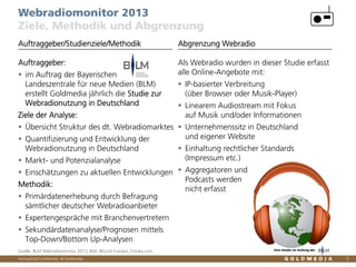 Vertraulich/Confidential, © Goldmedia
Als Webradio wurden in dieser Studie erfasst
alle Online-Angebote mit:
IP-basierter Verbreitung
(über Browser oder Musik-Player)
Linearem Audiostream mit Fokus
auf Musik und/oder Informationen
Unternehmenssitz in Deutschland
und eigener Website
Einhaltung rechtlicher Standards
(Impressum etc.)
Aggregatoren und
Podcasts werden
nicht erfasst
5
Webradiomonitor 2013
Ziele, Methodik und Abgrenzung
Auftraggeber:
im Auftrag der Bayerischen
Landeszentrale für neue Medien (BLM)
erstellt Goldmedia jährlich die Studie zur
Webradionutzung in Deutschland
Ziele der Analyse:
Übersicht Struktur des dt. Webradiomarktes
Quantifizierung und Entwicklung der
Webradionutzung in Deutschland
Markt- und Potenzialanalyse
Einschätzungen zu aktuellen Entwicklungen
Methodik:
Primärdatenerhebung durch Befragung
sämtlicher deutscher Webradioanbieter
Expertengespräche mit Branchenvertretern
Sekundärdatenanalyse/Prognosen mittels
Top-Down/Bottom Up-Analysen
Auftraggeber/Studienziele/Methodik Abgrenzung Webradio
Quelle: BLM Webradiomonitor 2013, Bild: ©Scott Frangos_Fotolia.com Eine Studie im Auftrag der
 