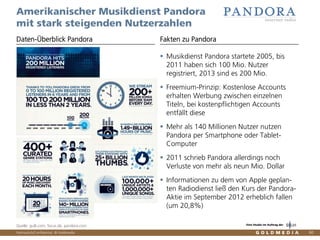 Vertraulich/Confidential, © Goldmedia 60
Amerikanischer Musikdienst Pandora
mit stark steigenden Nutzerzahlen
Musikdienst Pandora startete 2005, bis
2011 haben sich 100 Mio. Nutzer
registriert, 2013 sind es 200 Mio.
Freemium-Prinzip: Kostenlose Accounts
erhalten Werbung zwischen einzelnen
Titeln, bei kostenpflichtigen Accounts
entfällt diese
Mehr als 140 Millionen Nutzer nutzen
Pandora per Smartphone oder Tablet-
Computer
2011 schrieb Pandora allerdings noch
Verluste von mehr als neun Mio. Dollar
Informationen zu dem von Apple geplan-
ten Radiodienst ließ den Kurs der Pandora-
Aktie im September 2012 erheblich fallen
(um 20,8%)
Daten-Überblick Pandora Fakten zu Pandora
Quelle: gulli.com, focus.de, pandora.com Eine Studie im Auftrag der
 