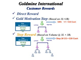 Direct Reward Goldmine International Customer Rewards Step Reward   (Based on Volume @ 3L + 3R )     Gold Motivation Step   (Based on 1L+1R) Right Side Left Side   Right Side Left Side   GMS  1/1 = $30 Cash Step 2# 3/3 = $30 Cash 3/3 A>9-Jan-07 1/1 You  PK-824437-1 3/3 A>9-Jan-07 4/4 You  PK-824437-1 