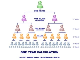 IF EVERY MEMBER MAKES TWO MEMBER IN A MONTH 1 ST  Month 2 nd   Month 3 rd   Month 4 th   Month 5 th   Month ONE YEAR CALCULATION  US$ 40,000 US$ 20,000 EACH PERSON US$ 10,000 EACH PERSON US$ 5,000 EACH PERSON 
