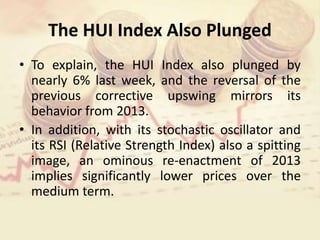 The HUI Index Also Plunged
• To explain, the HUI Index also plunged by
nearly 6% last week, and the reversal of the
previous corrective upswing mirrors its
behavior from 2013.
• In addition, with its stochastic oscillator and
its RSI (Relative Strength Index) also a spitting
image, an ominous re-enactment of 2013
implies significantly lower prices over the
medium term.
 