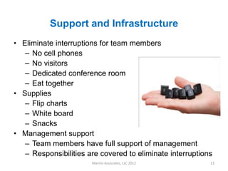 Support and Infrastructure
• Eliminate interruptions for team members
   – No cell phones
   – No visitors
   – Dedicated conference room
   – Eat together
• Supplies
   – Flip charts
   – White board
   – Snacks
• Management support
   – Team members have full support of management
   – Responsibilities are covered to eliminate interruptions
                       Marino Associates, LLC 2012         13
 