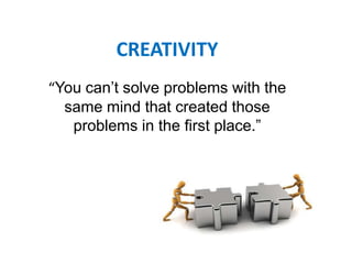 CREATIVITY
“You can’t solve problems with the
  same mind that created those
   problems in the first place.”




             Marino Associates, LLC 2012   2
 
