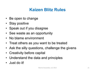 Kaizen Blitz Rules

•   Be open to change
•   Stay positive
•   Speak out if you disagree
•   See waste as an opportunity
•   No blame environment
•   Treat others as you want to be treated
•   Ask the silly questions, challenge the givens
•   Creativity before capital
•   Understand the data and principles
•   Just do it!
                       Marino Associates, LLC 2012   21
 