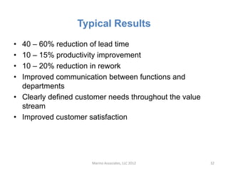 Typical Results
• 40 – 60% reduction of lead time
• 10 – 15% productivity improvement
• 10 – 20% reduction in rework
• Improved communication between functions and
  departments
• Clearly defined customer needs throughout the value
  stream
• Improved customer satisfaction




                      Marino Associates, LLC 2012       32
 