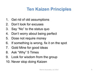 Ten Kaizen Principles

1.    Get rid of old assumptions
2.    Don’t look for excuses
3.    Say “No” to the status quo
4.    Don’t worry about being perfect
5.    Dose not require money
6.    If something is wrong, fix it on the spot
7.    Gold Mine for good ideas
8.    Ask “Why” 5 Times
9.    Look for wisdom from the group
10.   Never stop doing Kaizen

                          Marino Associates, LLC 2012   9
 