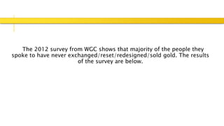 The 2012 survey from WGC shows that majority of the people they
spoke to have never exchanged/reset/redesigned/sold gold. The results
of the survey are below.
 