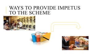 WAYS TO PROVIDE IMPETUS
TO THE SCHEME
 
