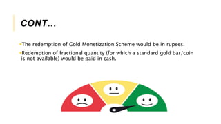 CONT…
The redemption of Gold Monetization Scheme would be in rupees.
Redemption of fractional quantity (for which a standard gold bar/coin
is not available) would be paid in cash.
 
