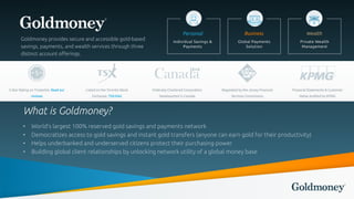 What is Goldmoney?
• World’s largest 100% reserved gold savings and payments network
• Democratizes access to gold savings...