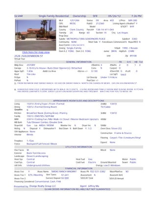 GLVAR                  Single Family Residential        Ownership          SFR            05/26/12              7:26 PM
                                          ML#       1251284       Status   ER      Area 402       L/Price $89,300
                                          Offc      REOG          PubID    212360          Listing Agent a Realtor? Y
                                          Bldr/Manf                  Model                          $/SQFT $49
                                          County    Clark County Parcel# 138-14-411-044
                                          Twnshp    20      Range 60       Section 14     City Las Vegas
                                          Prop Desc
                                          Subdiv METROPOLITANS GOVERNORS PLACE                       Subdiv# 3383
                                          Community NONE           Short Sale Y Foreclosure Commenced N Repo/REO N
                                          Asoc/Comm CCRS/SECRTY
                                          Zoning Single-Family                               YrBuilt 1990 / Resale
                                          Elem K-2 FONG Elem 3-5 FONG              Junior BRIN HighSch CIMR
        Click here for map view
2528 /GOLDENMOON ST                                                                     Unit                Zip 89108
Virtual Tour
                                            GENERAL INFORMATION                                FB   3/4 HB Tot
Bldg Desc 2STORY                                                     #Bedrms 3        #Baths 2      0   1   3
Garage    3 /Entry to House /Auto Door Opener(s) /Attached           Conv     N       Carport 0
Appx SqFt 1,836          Addit Liv Area                #Acres +/-    0.130            #Den/Oth 0  #Loft   0
Roof      Tile Like                                                                   Lot SqFt 5663
PvSpa     N                                                     Lot Descrip   Under 1/4 Acre
PvPool    N                                                     Pool Size +/-
D: FROM RAINBOW AND SMOKE RANCH, GO EAS ON SMOKE RANCH, NORTH ON CHANDLER MEWS , EAS ON GOLDNEMOON ST.

R: GORGEOUS SPACIOUS 3 BEDROOMS WITH WALK-IN CLOSETS, LIVING ROOM AND FAMILY ROOM AND DINING ROOM. KITCHEN
   HAS WOOD-LAMINATE FLOOR, GREAT LOCATION NEAR SHOPPING AND FREEWAY. WAITING FOR YOU TO MOVE IN!




                                       APPROXIMATE ROOM SIZES AND DESCRIPTIONS
Living      15X14 /Entry Foyer /Front /Formal                                       2ndBd     13X10
Dining      10X12 /Formal Dining Room                                               TV/Cable
GreatRm     N
Kitchen     Breakfast Nook (Eating Area) /Pantry                                    3rdBd     13X10
Family      19X13 /DNSTRS /SEPFAM
MBR         23X14 /Ceiling Fan /Mbr Walk-In Closet /Master Bedroom Upstairs 4thBd
MB Bath     Tub/Shower Combo /Double Sink
DryerUtil   Gas      Loc AREA / ROOM        Washer Inc   N       Dryer Inc    N     5thBd
Refrig    N     Disposal Y    DishwasherY  Bed Down N Bath Down Y, 1/2              Oven Desc Stove (G)
Oth Appliances None
                                                                                    Construction Frame & Stucco
Interior    Blinds
                                                                                    Flooring Carpet /Tile /Linoleum/Vinyl
Fireplace   1 /Gas
                                                                                    Equest None
Fence       Backyard Full Fenced /Block
                                                 UTILITIES INFORMATION
Hse Faces W                                                                         Miscel    None
Exterior    Back Yard Access
Landscape Desert Landscaping
Heat Sys    Central                                        Heat Fuel    Gas                               Water Public
Cool Sys    Central                                        Cool Fuel    Electric    Ground Mounted        Sewer Public
Util Info   Underground Utilities                                               Energy Low E-Windows
                                                 FINANCIAL INFORMATION
Assoc Fee     Y         Assoc Name SMOKE RANCH MNGMNT           Assoc Ph 702-531-3382         MastrPlanFee   $0
Assoc Fee 1 $75 /Monthly         Ann Taxes   $1,641             Assessment N                  Assessmt Amt
Assoc Fee 2    Correct        Earnest Deposit $2,000           SID/LID Total               SID/LID Annual
Financing Considered Conventional, Cash, FHA

Presented by: Orange Realty Group LLC                          Agent: Jeffrey Mix
                            GLVAR DEEMS INFORMATION RELIABLE BUT NOT GUARANTEED
 
