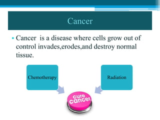 Cancer
• Cancer is a disease where cells grow out of
control invades,erodes,and destroy normal
tissue.
Chemotherapy Radiation
 