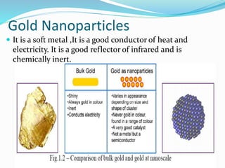 Gold Nanoparticles
 It is a soft metal ,It is a good conductor of heat and
electricity. It is a good reflector of infrared and is
chemically inert.
 