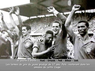 courtesy of : brazilianhitparade..blogspot.com


                           de gauche à droite : Vavá – Orlando – Pelé – Gilmar – Didi.
        Les larmes de joie du jeune prodige de 17 ans, Pelé, resteront dans les
                                annales de cette Coupe.
 