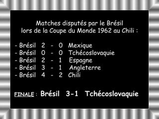 Matches disputés par le Brésil
  lors de la Coupe du Monde 1962 au Chili :

- Brésil   2   -   0   Mexique
- Brésil   0   -   0   Tchécoslovaquie
- Brésil   2   -   1   Espagne
- Brésil   3   -   1   Angleterre
- Brésil   4   -   2   Chili


FINALE :   Brésil 3-1 Tchécoslovaquie
 
