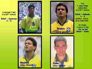 Tire
                                                             1 coup franc
                                                               mémorable
                                                            à la 81ème minute
 A marqué 1 but
 à la 66ème minute                                          Brésil – Hollande
                                                                    3 – 2
Brésil - Cameroun                                           meilleur match
       3 - 0                                                de la CdM 1994.
                                                            .
                                                                  En finale,
                       Márcio Santos                          il inscrit 1 des
                                             Branco              tirs au but
                            défenseur
                                           latéral gauche     Brésil - Italie




                     Mazinho            Zinho
                     milieu offensif    milieu offensif
 