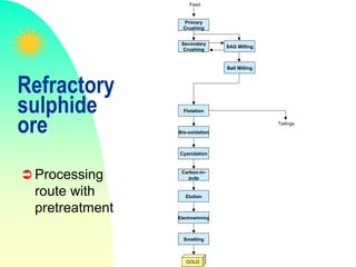 Primary
Crushing
Secondary
Crushing
SAG Milling
Ball Milling
Flotation
Bio-oxidation
Cyanidation
Carbon-in-
pulp
Elution
Electrowinning
Smelting
Feed
GOLD
Tailings
Refractory
sulphide
ore
 Processing
route with
pretreatment
 