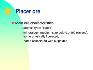 Placer ore
 Main ore characteristics
 deposit type: “placer”
 mineralogy: medium size gold(d95=100 microns),
some physically liberated,
some associated with sulphides
 