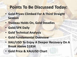 Points To Be Discussed Today:
• Gold Prices Climbed For A Third Straight
Session
• Trudeau Holds On, Gold Steadies
• Gold/SPX Daily
• Gold Technical Analysis
• Gold Fundamental Overview
• XAU/USD To Enjoy A Deeper Recovery On A
Break Above $1834
• Gold Price & XAUUSD Chart
 