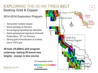 Seeking Gold & Copper
15
2016 IP &
Drilling Program
Romero
Romero South
Target a
Target b
IP Chargeability (mV/V)
Romero
Project
2016 IP
& Drilling
Program
40 hole (10,000m) drill program
underway- testing 20 brand new
targets - assays in due course
2014-2016 Exploration Program
 Generated multiple targets
 Same geology as Romero
 Encouraging hydrothermal alteration
 Same geophysical signature (Induced
Polarization, “IP”) as Romero
 Strong gold mineralization at surface
(up to 167.5 g/t)
5 KM
 