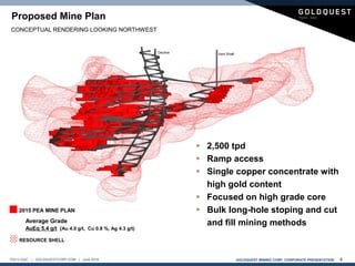 GOLDQUEST MINING CORP. CORPORATE PRESENTATION 8TSX-V:GQC | GOLDQUESTCORP.COM | June 2016
Proposed Mine Plan
CONCEPTUAL RENDERING LOOKING NORTHWEST
 2,500 tpd
 Ramp access
 Single copper concentrate with
high gold content
 Focused on high grade core
 Bulk long-hole stoping and cut
and fill mining methods
2015 PEA MINE PLAN
RESOURCE SHELL
Average Grade
AuEq 5.4 g/t (Au 4.0 g/t, Cu 0.8 %, Ag 4.3 g/t)
Decline Vent Shaft
 