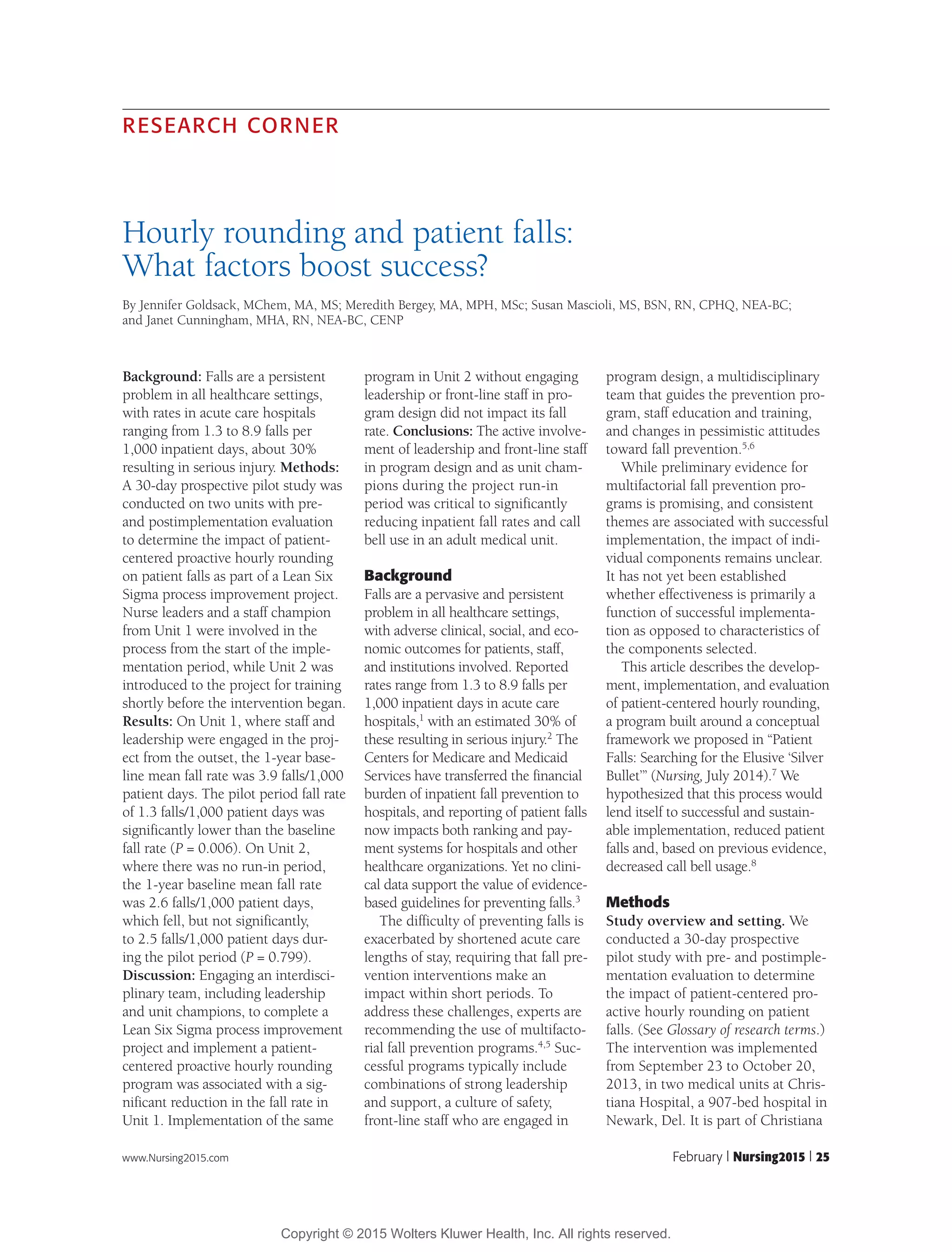 Proactive Hourly Rounding Goldsack et. al 2015 hourly rounding and patient falls what factors | PDF