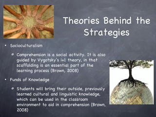 Theories Behind the
                                  Strategies
•   Socioculturalism

       Comprehension is a social activity. It is also
       guided by Vygotsky’s i+1 theory, in that
       scaffolding is an essential part of the
       learning process (Brown, 2008)
•   Funds of Knowledge

       Students will bring their outside, previously
       learned cultural and linguistic knowledge,
       which can be used in the classroom
       environment to aid in comprehension (Brown,
       2008)
 