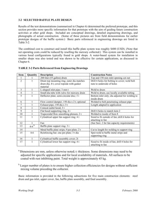 3.2 SELECTED BAFFLE PLATE DESIGN

Results of the test demonstrations (summarized in Chapter 6) determined the preferred prototype, and this
section provides more specific information for that prototype with the aim of guiding future construction
activities at other gold shops. Included are conceptual drawings, detailed engineering drawings, and
photographs of actual construction. (Some of these pictures are from field demonstrations for earlier
prototype designs of the baffle system.) Basic parts referenced in engineering drawings are listed in
Table 3-2.

The combined cost to construct and install this baffle plate system was roughly $400 (USD). (Note that
net operating costs could be reduced by reselling the mercury collected.) This system can be installed in
various hood configurations typically found in gold shops. A water-based system for installation in
smaller shops was also tested and was shown to be effective for certain applications, as discussed in
Chapter 6.

TABLE 3-2 Parts Referenced from Engineering Drawings

Item      Quantity   Description                                    Construction Notes
  1          1       200 liter (55 gallon) drum                     Top and 150 mm inlet opening cut out
  2          1       Drum top mounting ring; outer dia matches      Drill 6 holes for bolting to cover; weld bolt
                     drum dia; 4 t; cover topside with gasket       nuts to underside of holes
                     material
    3        1       L-shaped inlet pipe; 3 mm t                    Weld to drum
    4        1       Small dia tube with valve for mercury drain    Weld to drum; use locally available tubing
    5        1       Deflector plate; semi-circular disc; 3 t       Bottom inlet only; dia adjusted for welding to
                                                                    inside drum
     6       1       Flow control damper; 150 dia x 2 t; optional   Welded to bolt penetrating exhaust pipe
     7       1       Exhaust pipe; 150 dia x 3 t                    Length adapted to application
     8       1       Conical outlet hood; 3 t
     9       1       Flat hood supporting ring, 4 t                 Drill 6 holes to match item 2
    10       1       Trapezoidal flow smoothing plenum; 2 t         Welded to inside of Item 8
    11       1       Cylindrical upper fan support ring; 4 t        Sized to fit outside of fan; drill 6 holes for
                                                                    attaching to fan
    12        1      Fan                                            (See Sect. 2 for fan capacity requirements)
    13          b    Baffle plate support ring; 3 t
            4-6
    14               Metal baffle plate strips; 9 per plate; 2 t    Cut to length for welding to support ring
    15      4-6      Reinforcing bar; one per plate; 3 t dia        Spot weld to baffle metal strips and
                                                                    supporting ring
    16       1       Cylindrical baffle assembly cover; 2t
    17       1       Cylindrical lower fan support ring; 4 t        Sized to fit inside of fan; drill 6 holes for
                                                                    attaching to fan

a
    Dimensions are mm, unless otherwise noted; t: thickness. Some dimensions may need to be
    adjusted for specific applications and for local availability of materials. All surfaces to be
    coated with rust inhibiting paint. Total weight is approximately 45 kg.
b
    Larger number of plates is to ensure higher collection efficiencies for designs without sufficient
    mixing volume preceding the collector.

Basic information is provided in the following subsections for five main construction elements: steel
drum and gas inlet, upper cover, fan, baffle plate assembly, and final assembly.



Working Draft                                              3-3                                       February 2008
 