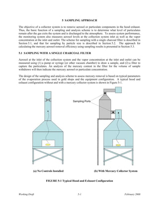5 SAMPLING APPROACH

The objective of a collector system is to remove aerosol or particulate components in the hood exhaust.
Thus, the basic function of a sampling and analysis scheme is to determine what level of particulates
remain after the gas exits the system and is discharged to the atmosphere. To assess system performance,
the monitoring system also measures aerosol levels at the collection system inlet as well as the vapor
concentration at the inlet and outlet. The scheme for sampling with a single charcoal filter is described in
Section 5.1, and that for sampling by particle size is described in Section 5.2. The approach for
calculating the mercury aerosol removal efficiency using sampling results is presented in Section 5.3.

5.1 SAMPLING WITH A SINGLE CHARCOAL FILTER

Aerosol at the inlet of the collection system and the vapor concentration at the inlet and outlet can be
measured using (1) a pump or syringe (or other vacuum chamber) to draw a sample, and (2) a filter to
capture the particulates. An analysis of the mercury content in the filter for the volume of sample
withdrawn will then indicate the mercury aerosol or particulate concentration.

The design of the sampling and analysis scheme to assess mercury removal is based on typical parameters
of the evaporation process used in gold shops and the equipment configuration. A typical hood and
exhaust configuration without and with a mercury collector system is shown in Figure 5-1.




                                                Sampling Ports




            (a) No Controls Installed                              (b) With Mercury Collector System


                        FIGURE 5-1 Typical Hood and Exhaust Configuration



Working Draft                                       5-1                                       February 2008
 