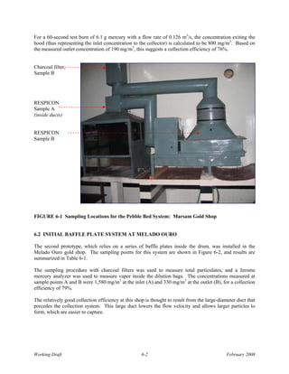 For a 60-second test burn of 6.1 g mercury with a flow rate of 0.126 m3/s, the concentration exiting the
hood (thus representing the inlet concentration to the collector) is calculated to be 800 mg/m3. Based on
the measured outlet concentration of 190 mg/m3, this suggests a collection efficiency of 76%.


Charcoal filter,
Sample B




RESPICON
Sample A
(inside ducts)


RESPICON
Sample B




FIGURE 6-1 Sampling Locations for the Pebble Bed System: Marsam Gold Shop


6.2 INITIAL BAFFLE PLATE SYSTEM AT MELADO OURO

The second prototype, which relies on a series of baffle plates inside the drum, was installed in the
Melado Ouro gold shop. The sampling points for this system are shown in Figure 6-2, and results are
summarized in Table 6-1.

The sampling procedure with charcoal filters was used to measure total particulates, and a Jerome
mercury analyzer was used to measure vapor inside the dilution bags. The concentrations measured at
sample points A and B were 1,580 mg/m3 at the inlet (A) and 330 mg/m3 at the outlet (B), for a collection
efficiency of 79%.

The relatively good collection efficiency at this shop is thought to result from the large-diameter duct that
precedes the collection system. This large duct lowers the flow velocity and allows larger particles to
form, which are easier to capture.




Working Draft                                       6-2                                       February 2008
 