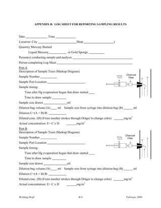 APPENDIX B: LOG SHEET FOR REPORTING SAMPLING RESULTS



Date                    Time
Location: City                               Shop                         )
Quantity Mercury Burned
       Liquid Mercury                 or Gold Sponge
Person(s) conducting sample and analysis
Person completing Log Sheet
Port A
Description of Sample Train (Markup Diagram)
                                                                                      Charcoal
Sample Number                                                                          Filter
Sample Port Location
Sample timing:
    Time after Hg evaporation began that draw started
    Time to draw sample
Sample size drawn                     ml
Dilution bag volume (A)        ml   Sample size from syringe into dilution bag (B)           ml
Dilution C=(A + B)/B:
Diluted conc. (D) (From number strokes through Dräger to change color)               mg/m3
Actual concentration: E= C x D               mg/m3
Port B
Description of Sample Train (Markup Diagram)
                                                                                     Charcoal
Sample Number                                                                         Filter
Sample Port Location
Sample timing:
    Time after Hg evaporation began that draw started
    Time to draw sample
Sample size drawn                     ml
Dilution bag volume (A)        ml   Sample size from syringe into dilution bag (B)           ml
Dilution C=(A + B)/B:
Diluted conc. (D) (From number strokes through Dräger to change color)               mg/m3
Actual concentration: E= C x D               mg/m3



Working Draft                                  B-3                                    February 2008
 