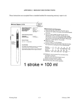 APPENDIX C: DRÄGER TUBE INSTRUCTIONS


These instructions are excerpted from a standard method for measuring mercury vapor in air.




Working Draft                                 C-3                                  February 2008
 