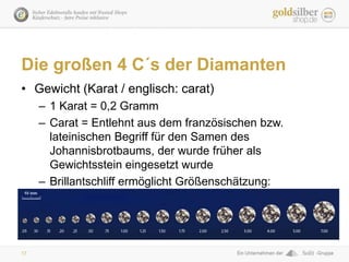 17
Die großen 4 C´s der Diamanten
• Gewicht (Karat / englisch: carat)
– 1 Karat = 0,2 Gramm
– Carat = Entlehnt aus dem fra...