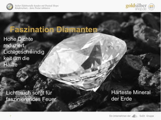 7
Faszination Diamanten
Hohe Dichte
reduziert
Lichtgeschwindig-
keit um die Hälfte
Härtestes Mineral
der Erdee
Lichtbruch ...
