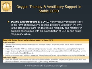 Oxygen Therapy & Ventilatory Support in
Stable COPD
© 2017 Global Initiative for Chronic Obstructive Lung Disease
► During exacerbations of COPD. Noninvasive ventilation (NIV)
in the form of noninvasive positive pressure ventilation (NPPV)
is the standard of care for decreasing morbidity and mortality in
patients hospitalized with an exacerbation of COPD and acute
respiratory failure
 