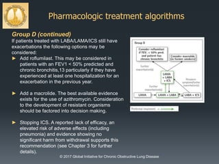 Pharmacologic treatment algorithms
© 2017 Global Initiative for Chronic Obstructive Lung Disease
Group D (continued)
If patients treated with LABA/LAMA/ICS still have
exacerbations the following options may be
considered:
► Add roflumilast. This may be considered in
patients with an FEV1 < 50% predicted and
chronic bronchitis,13 particularly if they have
experienced at least one hospitalization for an
exacerbation in the previous year.
► Add a macrolide. The best available evidence
exists for the use of azithromycin. Consideration
to the development of resistant organisms
should be factored into decision making.
► Stopping ICS. A reported lack of efficacy, an
elevated risk of adverse effects (including
pneumonia) and evidence showing no
significant harm from withdrawal supports this
recommendation (see Chapter 3 for further
details).
 