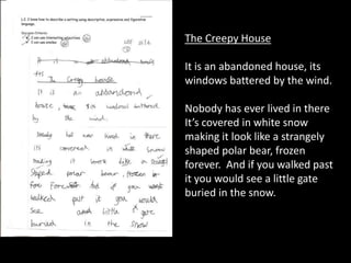 the reader in
the writer
The Creepy House
It is an abandoned house, its
windows battered by the wind.
Nobody has ever lived in there
It’s covered in white snow
making it look like a strangely
shaped polar bear, frozen
forever. And if you walked past
it you would see a little gate
buried in the snow.
 