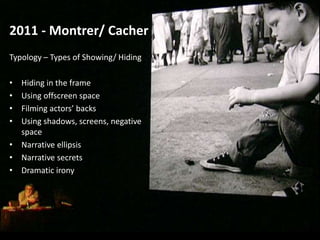 2011 - Montrer/ Cacher
Typology – Types of Showing/ Hiding
• Hiding in the frame
• Using offscreen space
• Filming actors’ backs
• Using shadows, screens, negative
space
• Narrative ellipsis
• Narrative secrets
• Dramatic irony
 