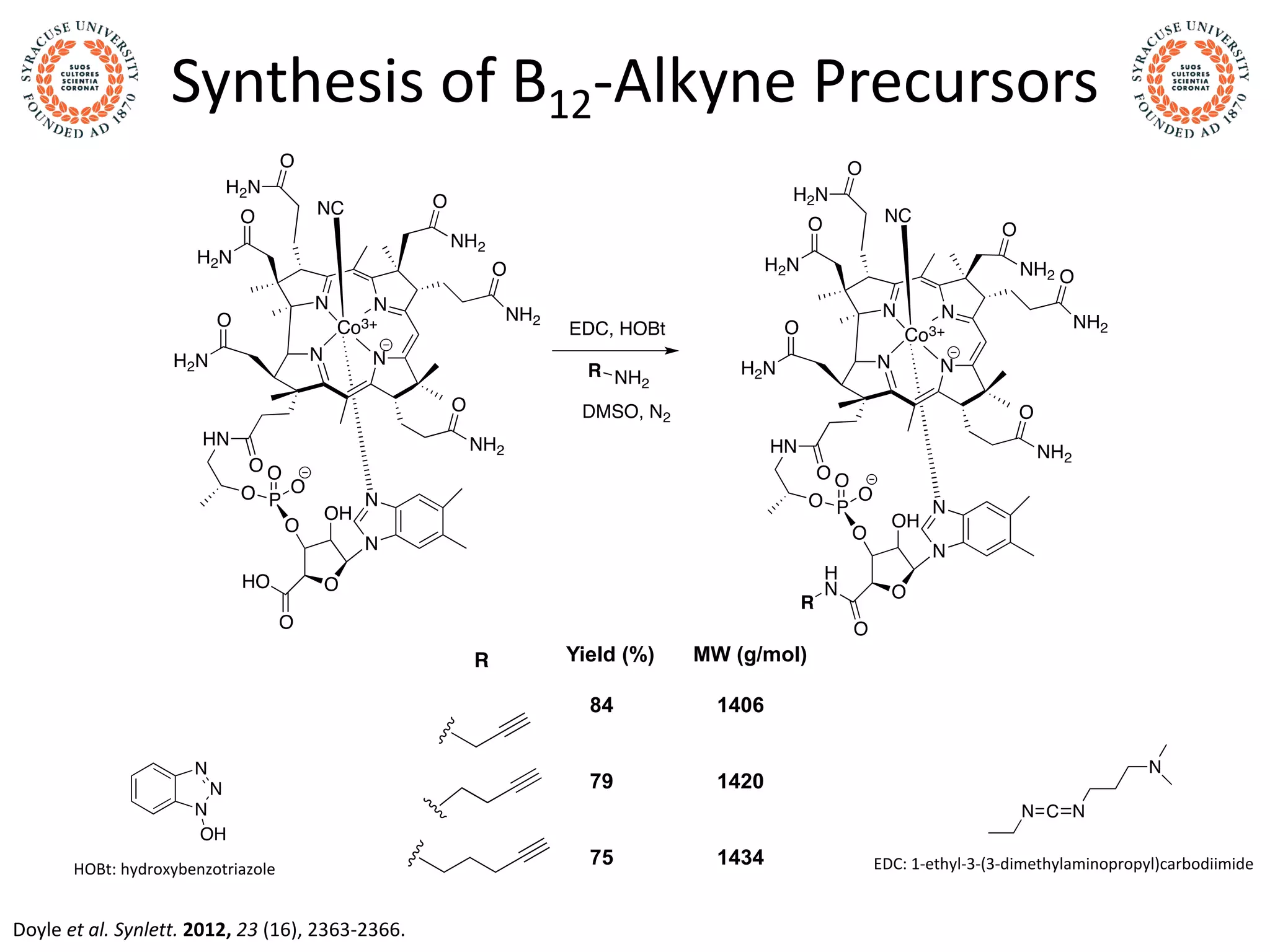 Synthesis of B12-Alkyne Precursors
Doyle et al. Synlett. 2012, 23 (16), 2363-2366.
Yield (%) MW (g/mol)
84 1406
79 1420
75 1434 EDC: 1-ethyl-3-(3-dimethylaminopropyl)carbodiimideHOBt: hydroxybenzotriazole
 