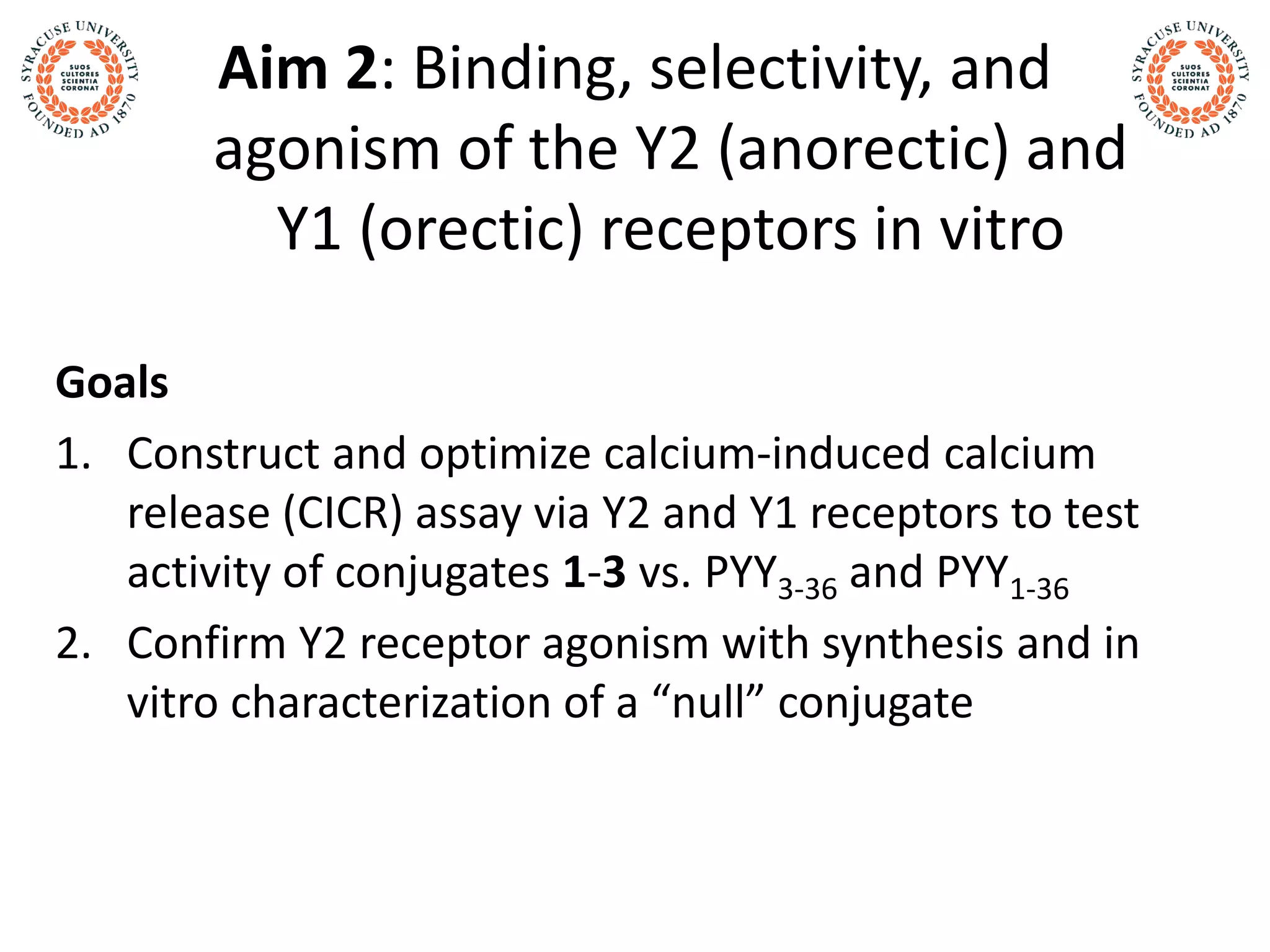 Aim 2: Binding, selectivity, and
agonism of the Y2 (anorectic) and
Y1 (orectic) receptors in vitro
Goals
1. Construct and optimize calcium-induced calcium
release (CICR) assay via Y2 and Y1 receptors to test
activity of conjugates 1-3 vs. PYY3-36 and PYY1-36
2. Confirm Y2 receptor agonism with synthesis and in
vitro characterization of a “null” conjugate
 