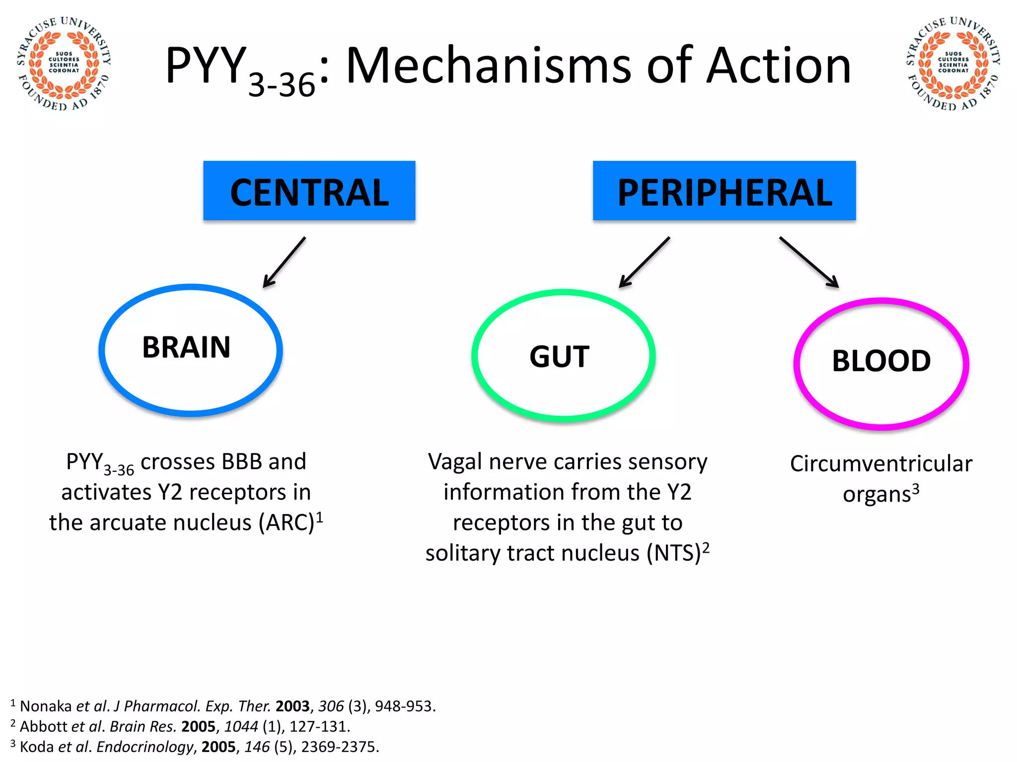 PYY3-36: Mechanisms of Action
BRAIN GUT BLOOD
Vagal nerve carries sensory
information from the Y2
receptors in the gut to
solitary tract nucleus (NTS)2
Circumventricular
organs3
1 Nonaka et al. J Pharmacol. Exp. Ther. 2003, 306 (3), 948-953.
2 Abbott et al. Brain Res. 2005, 1044 (1), 127-131.
3 Koda et al. Endocrinology, 2005, 146 (5), 2369-2375.
CENTRAL PERIPHERAL
PYY3-36 crosses BBB and
activates Y2 receptors in
the arcuate nucleus (ARC)1
 
