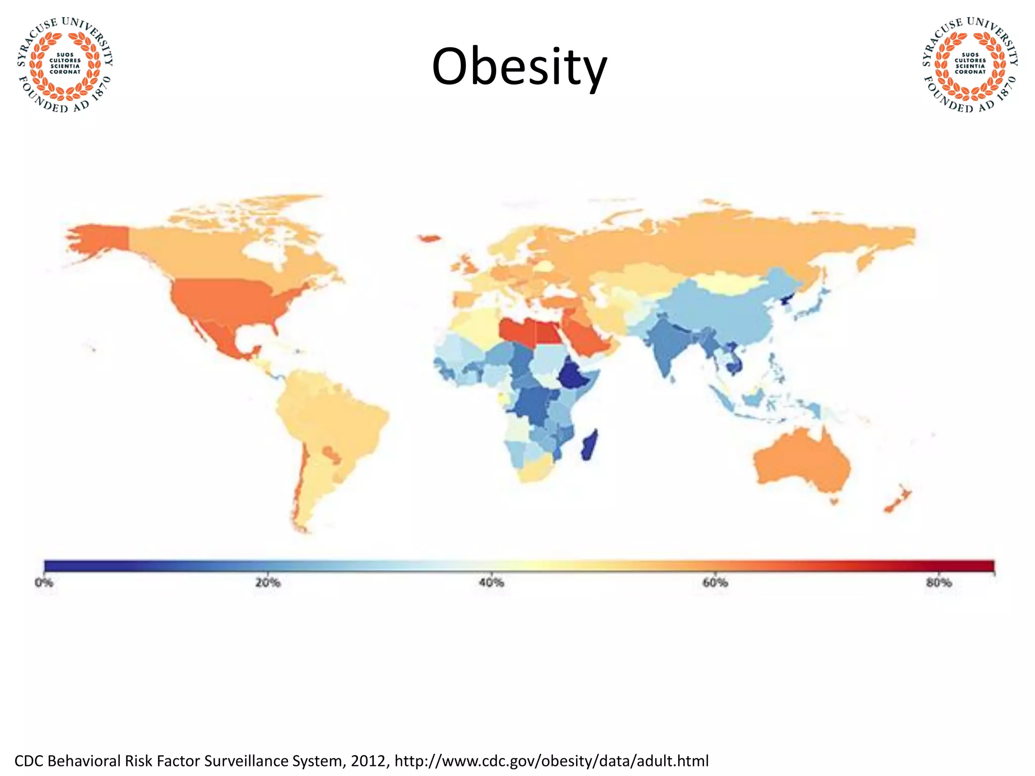 Obesity
CDC Behavioral Risk Factor Surveillance System, 2012, http://www.cdc.gov/obesity/data/adult.html
 