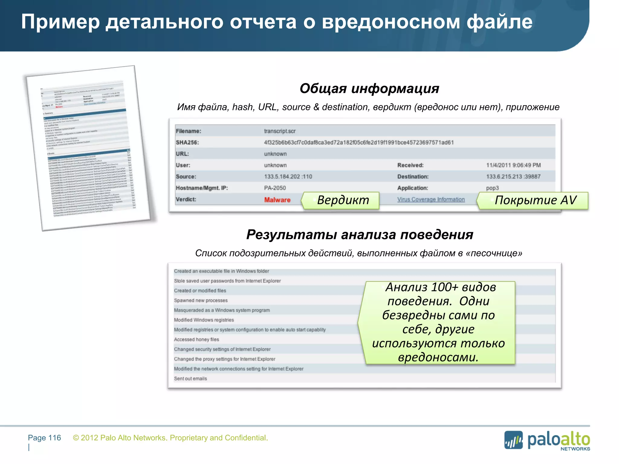 Пример детального отчета о вредоносном файле
© 2012 Palo Alto Networks. Proprietary and Confidential.Page 116
|
•Общая информация
•Имя файла, hash, URL, source & destination, вердикт (вредонос или нет), приложение
•Вердикт •Покрытие AV
•Результаты анализа поведения
•Список подозрительных действий, выполненных файлом в «песочнице»
•Анализ 100+ видов
поведения. Одни
безвредны сами по
себе, другие
используются только
вредоносами.
 